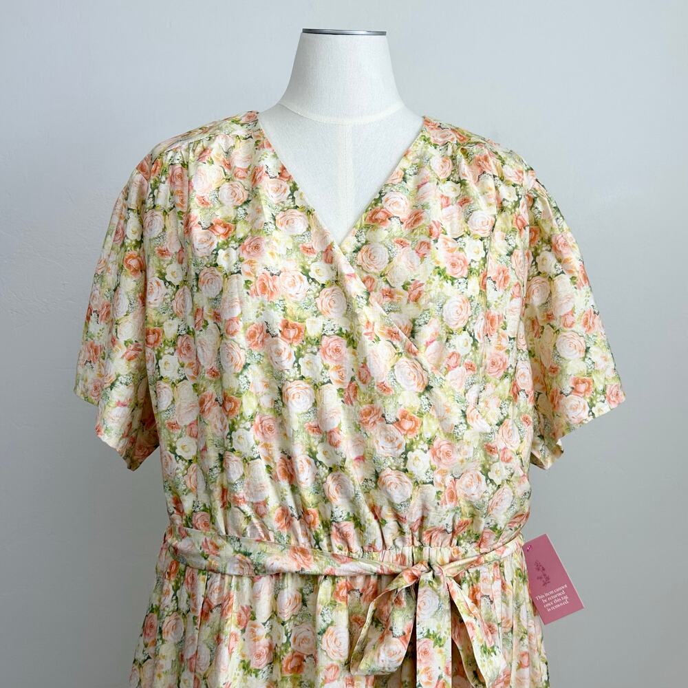 Ivy City Co. Yellow Pink Floral Rose Faux Wrap Short Sleeve Midi Lyra Dress NWT - Picture 5 of 13